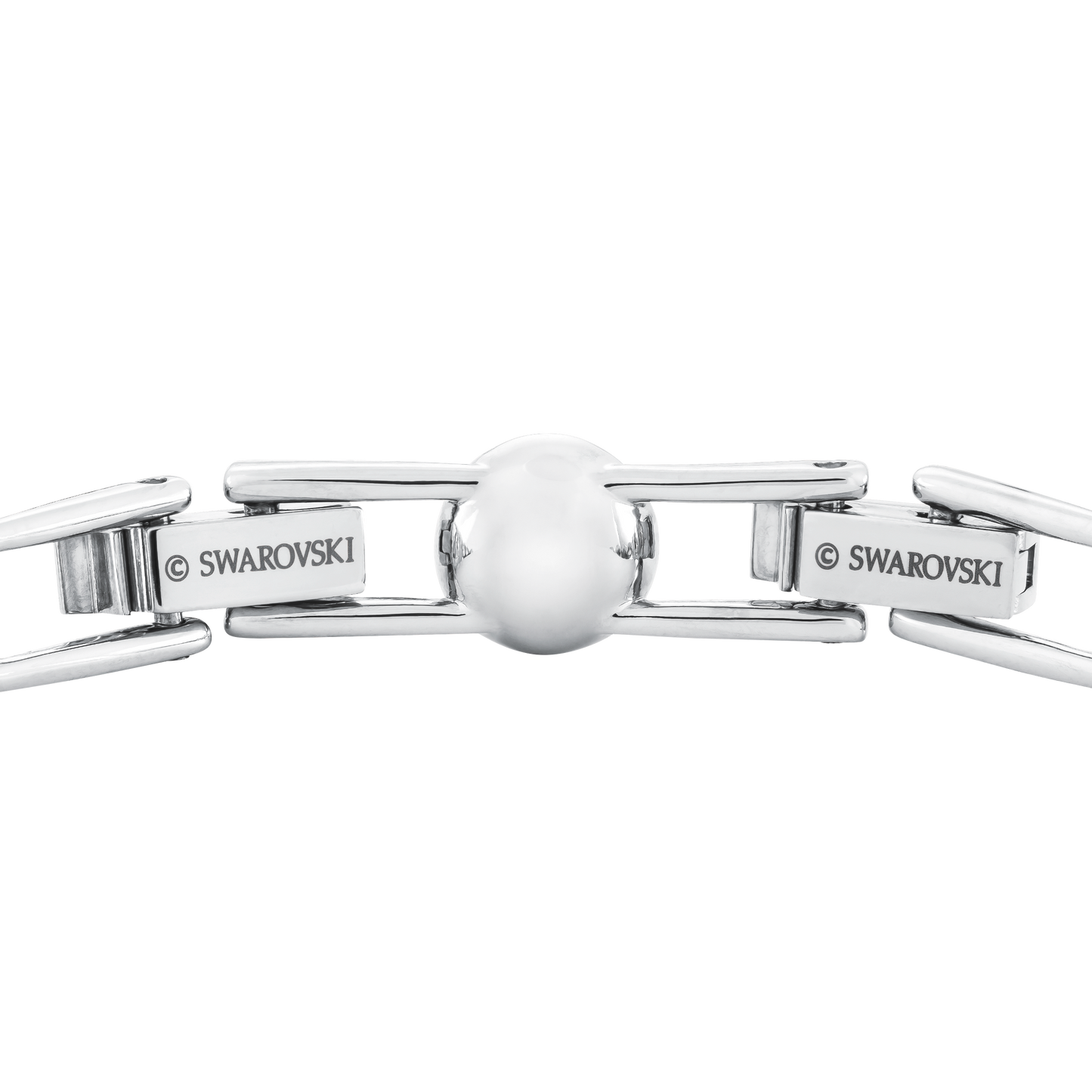 The Swarovski Pavé Crystal Angelic Bracelet, plated in rhodium, features interlocking rectangular links and a central smooth round element. The design, engraved with "Swarovski," is enhanced by clear crystals on the adjacent links against a black background.