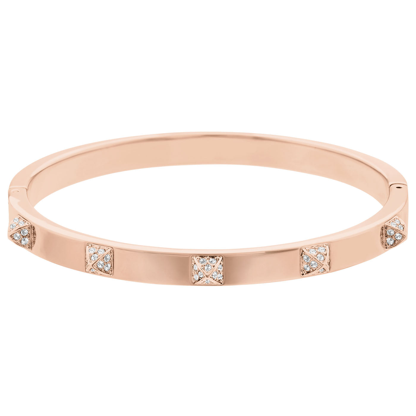 The Swarovski Rose Gold Plated Tactic Bangle is perfect for achieving a stacked look around your wrist, featuring diamond-like studs for added elegance.