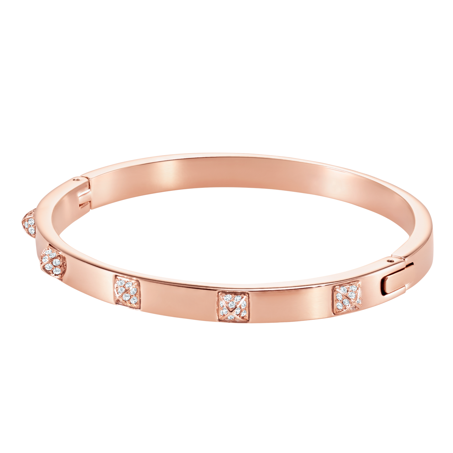 Introducing the Swarovski Rose Gold Plated Tactic Bangle, an elegant bracelet featuring square diamond settings and a touch of crystal pavé. This sleek design showcases a smooth finish, with perfectly spaced sparkling embellishments that create a chic, stacked appearance.