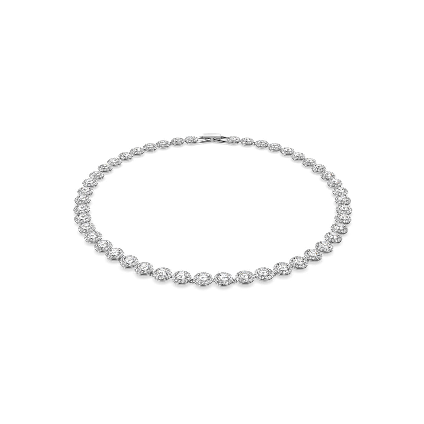 This Swarovski Crystal Angelic Necklace showcases a series of evenly spaced sparkling crystals set in a simple, elegant band, beautifully presented against a white background.