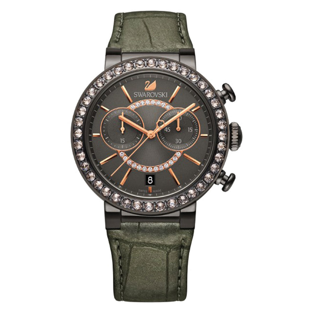 The Swarovski Citra Chrono Quartz 38mm Watch showcases a sophisticated design with a dark green leather strap and a round black face accented in rose gold. It includes two subdials, a date window, and a bezel embellished with gleaming crystals, all driven by accurate quartz movement.