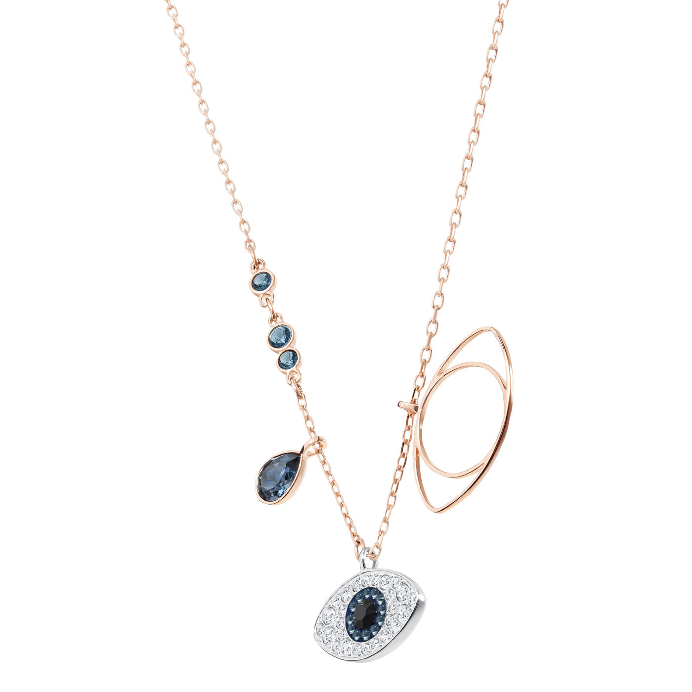 The Swarovski Duo Evil Eye Necklace by Swarovski features a delicate rose gold-plated design with a striking Evil Eye pendant. A dark blue stone is beautifully encircled by small blue gemstones, while an abstract oval-shaped rose gold accent on the chain adds an elegant touch.