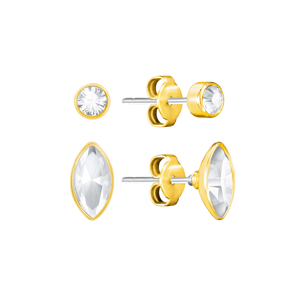 Two pairs of Swarovski Harely Pierced Earrings—one pair round, the other marquise-shaped—crafted in gold tone with clear gemstones, are displayed on a plain white background, exuding the elegant sparkle characteristic of Swarovski jewelry.