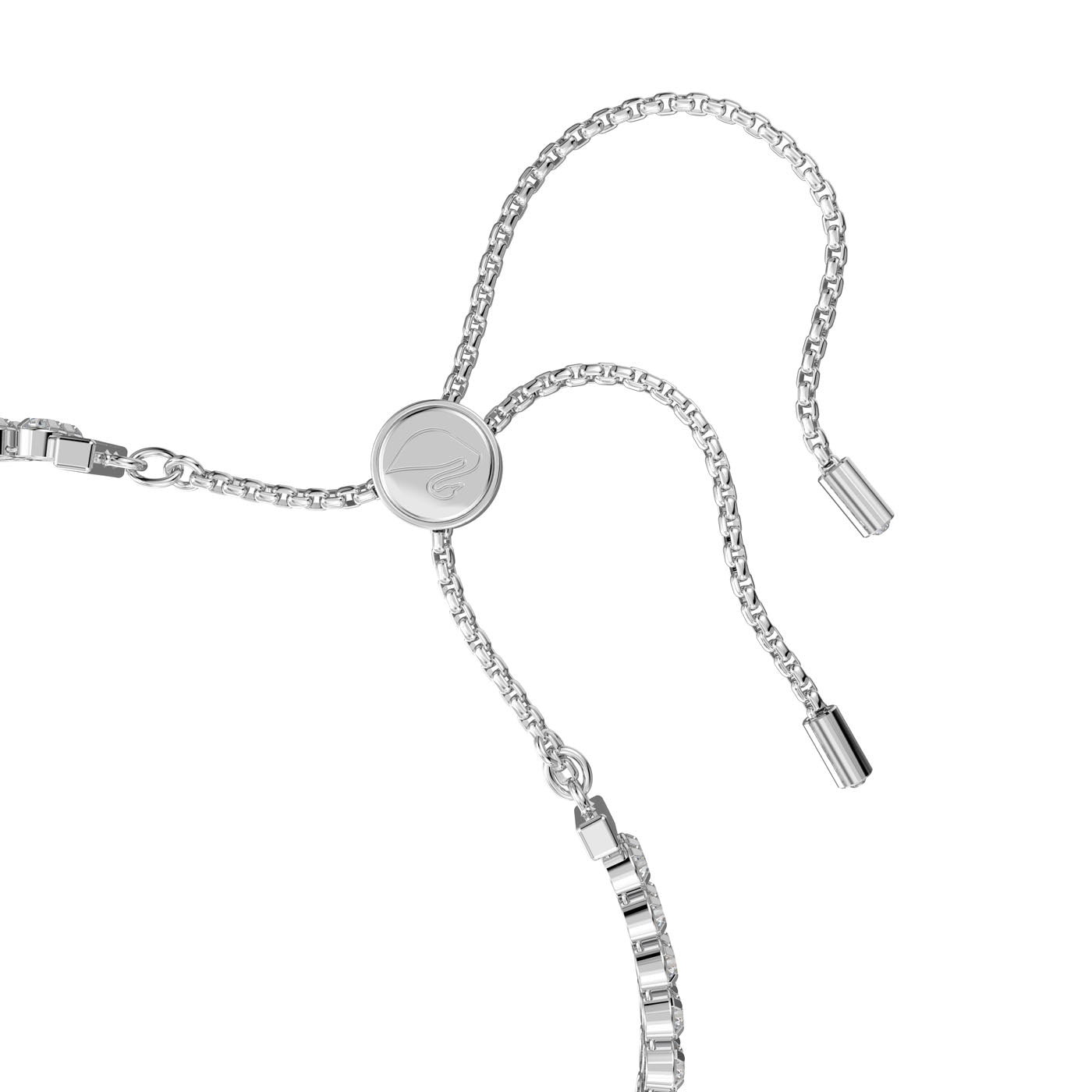 The Swarovski Subtle Bracelet by Swarovski is crafted with a simple, elegant design featuring rhodium plating and a sliding ball closure with cylindrical ends. Its smooth, reflective finish adds a touch of sophistication to its adjustable style.