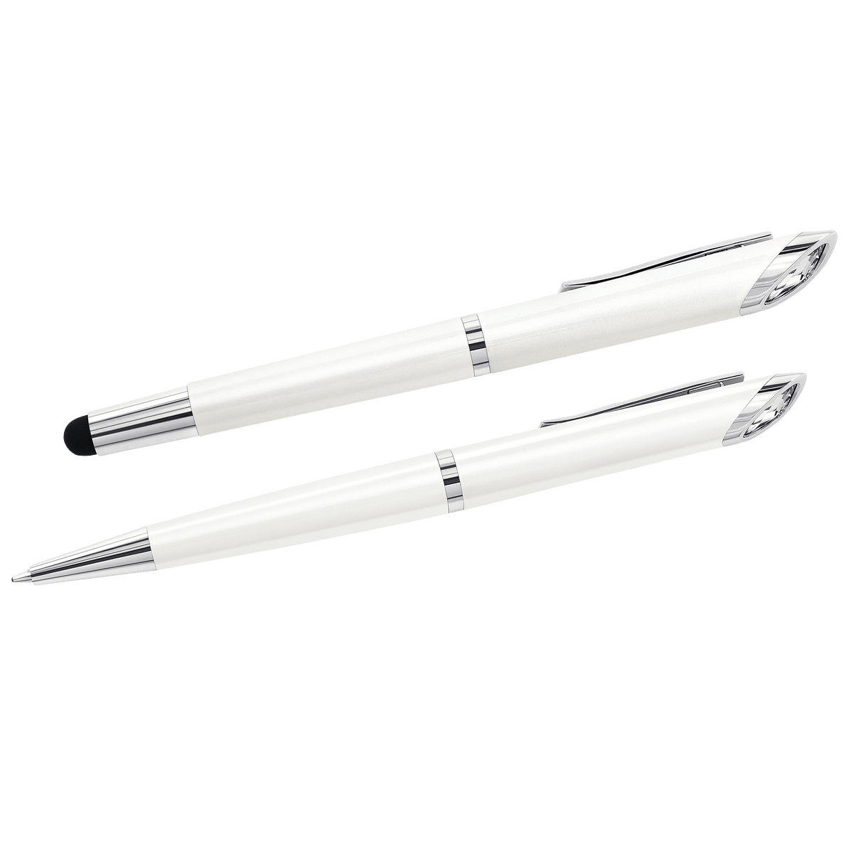 Two elegant white pens with silver accents are placed parallel on a white background; one is a ballpoint pen and the other is the Swarovski Crystal Starlight Sty Pen White, featuring a black rubber stylus tip. The refined design embodies the sophistication of Swarovski, perfect for those who appreciate both style and function.