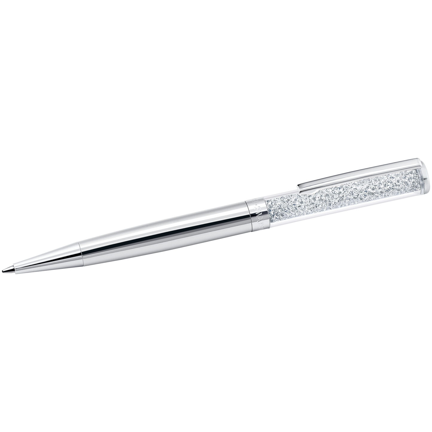 Introducing the Swarovski Crystalline Ballpoint Pen, a sophisticated writing instrument by Swarovski. Featuring a sleek silver design with a textured grip section and a shiny metallic finish, it's elegantly adorned with subtle crystals. This modern pen comes with a pointed tip and has a convenient clip on the cap, making it an exquisite gift for any occasion.