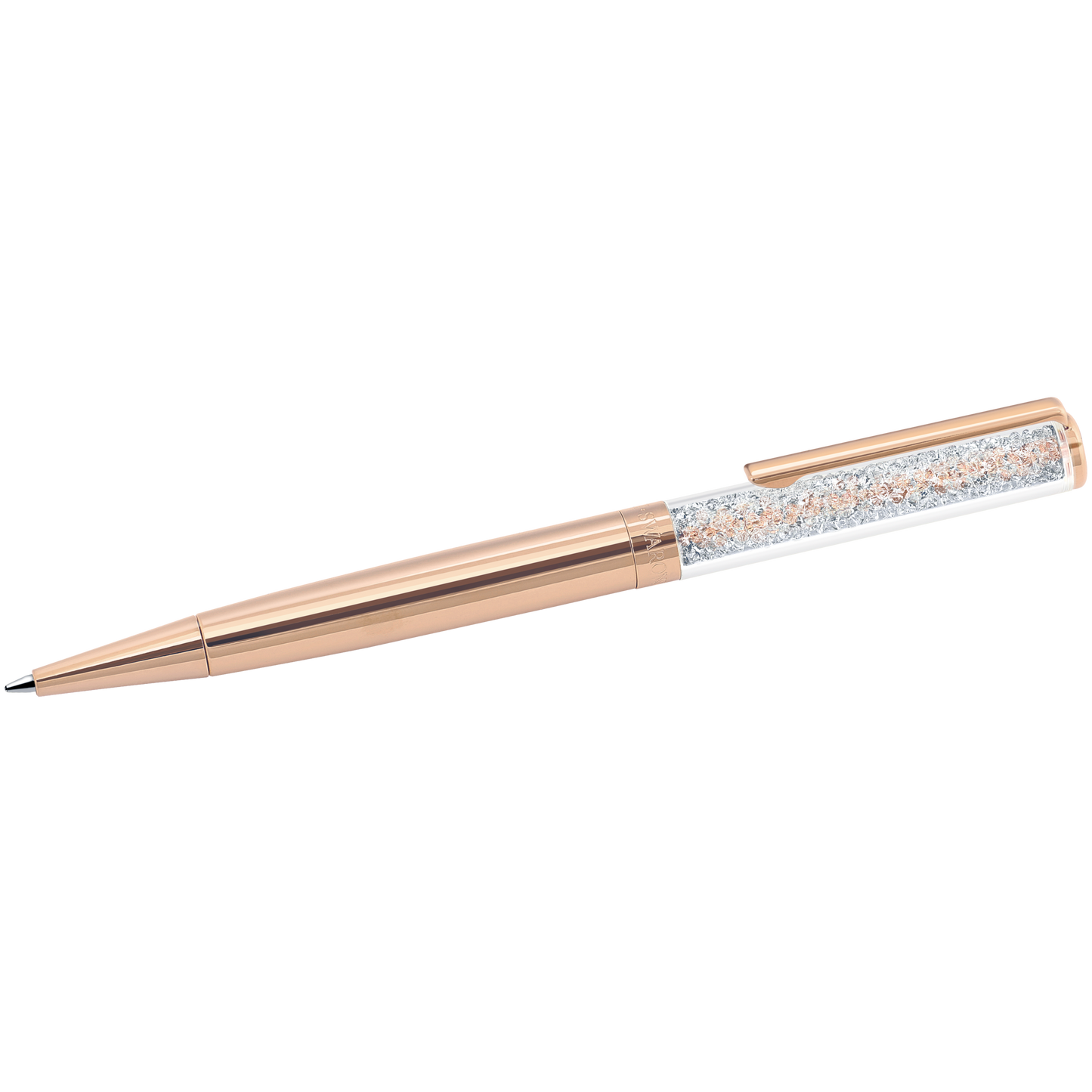 The Swarovski Rose Gold Crystalline Ballpoint Pen by Swarovski showcases a polished rose gold-plated finish with a clear barrel partially filled with delicate, sparkling crystals. It features an exquisite Crystalline technique and includes a matching gold clip.