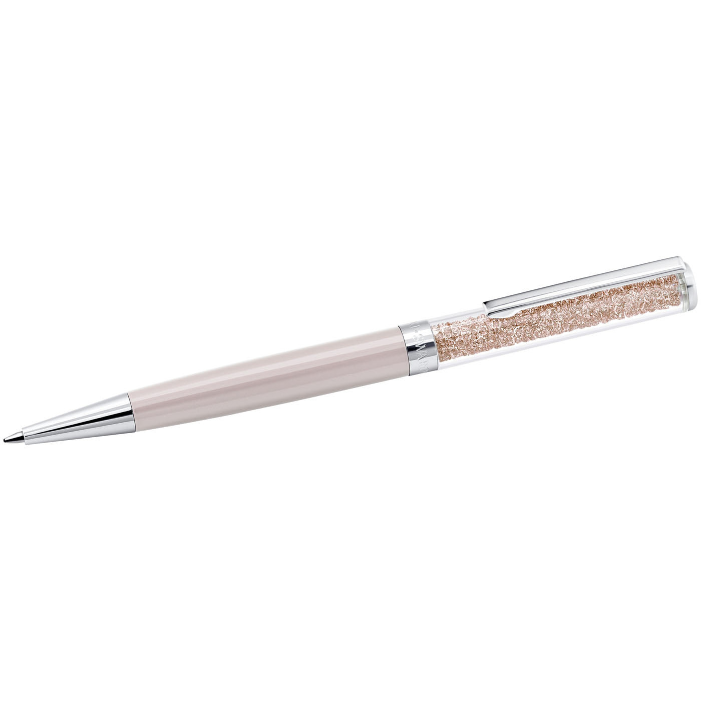 Introducing the Swarovski Pink Crystalline Ballpoint Pen by Swarovski. This elegant writing instrument features a pearl white body with silver accents, complemented by a transparent upper filled with dazzling pink crystals, making it an ideal luxurious gift.