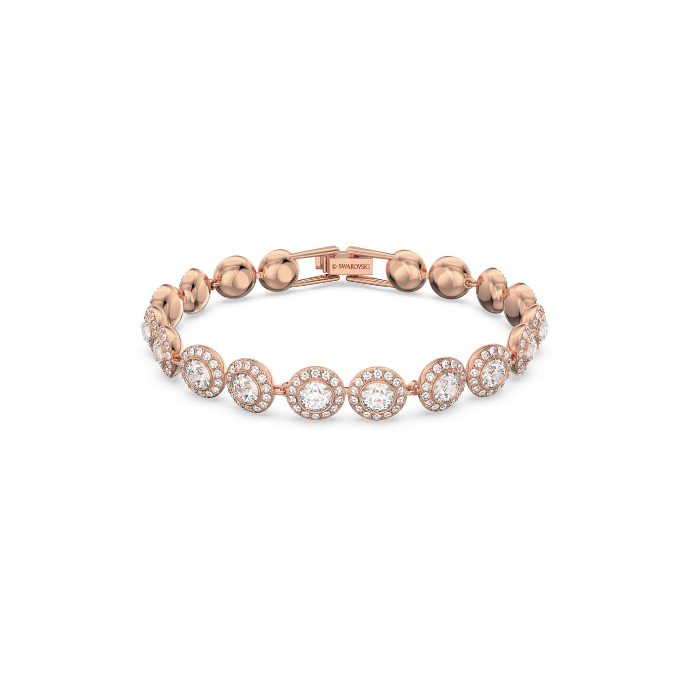 A stunning Swarovski Rose Gold Round Cut Angelic Bracelet featuring sparkling round crystals, each encircled by a crystal pavé and connected by smooth rose gold links. Elegant and delicate design on a plain white background.