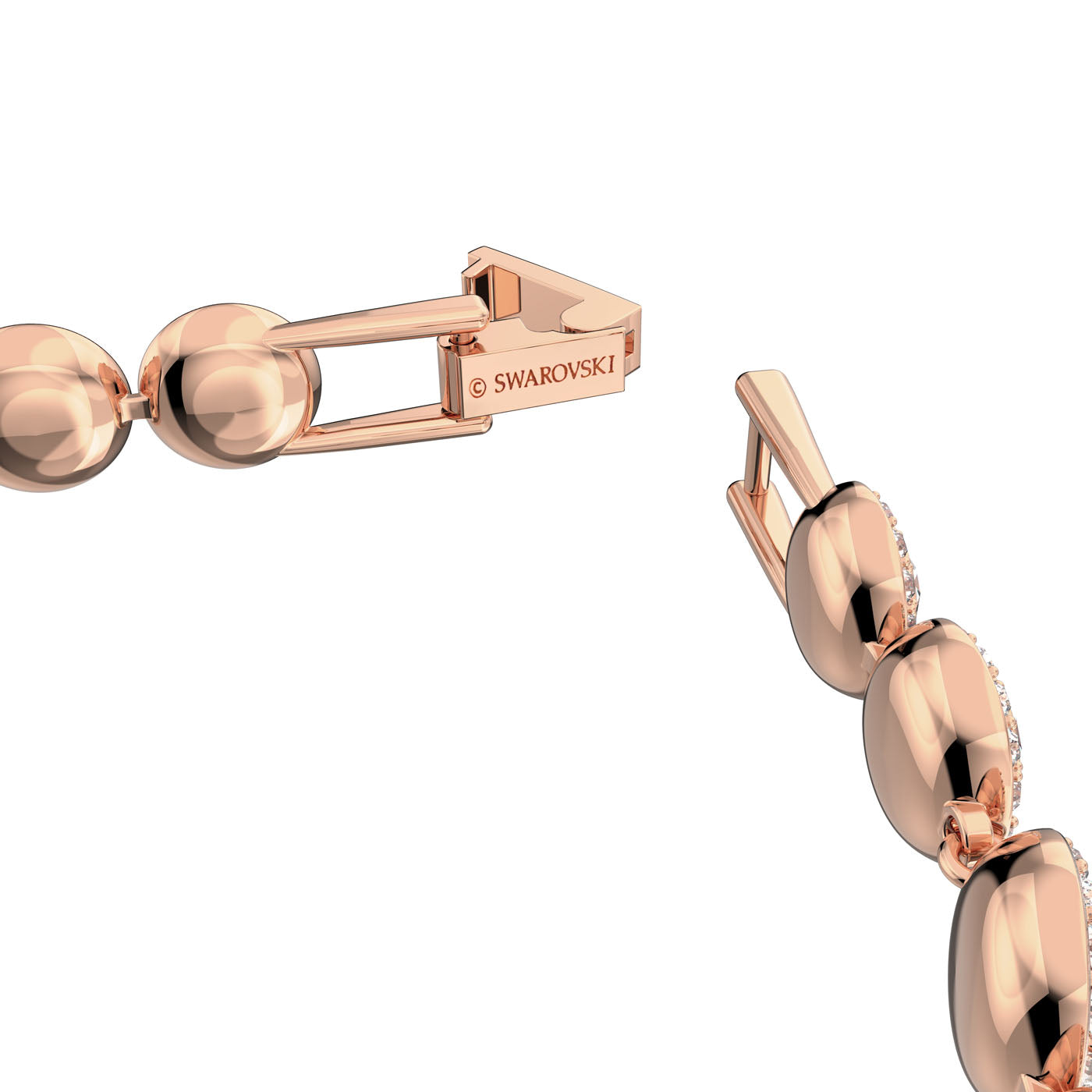 The Swarovski Rose Gold Round Cut Angelic Bracelet highlights a close-up view of its elegant round link clasp, accented with Swarovski's crystal pavé for an enhanced design.