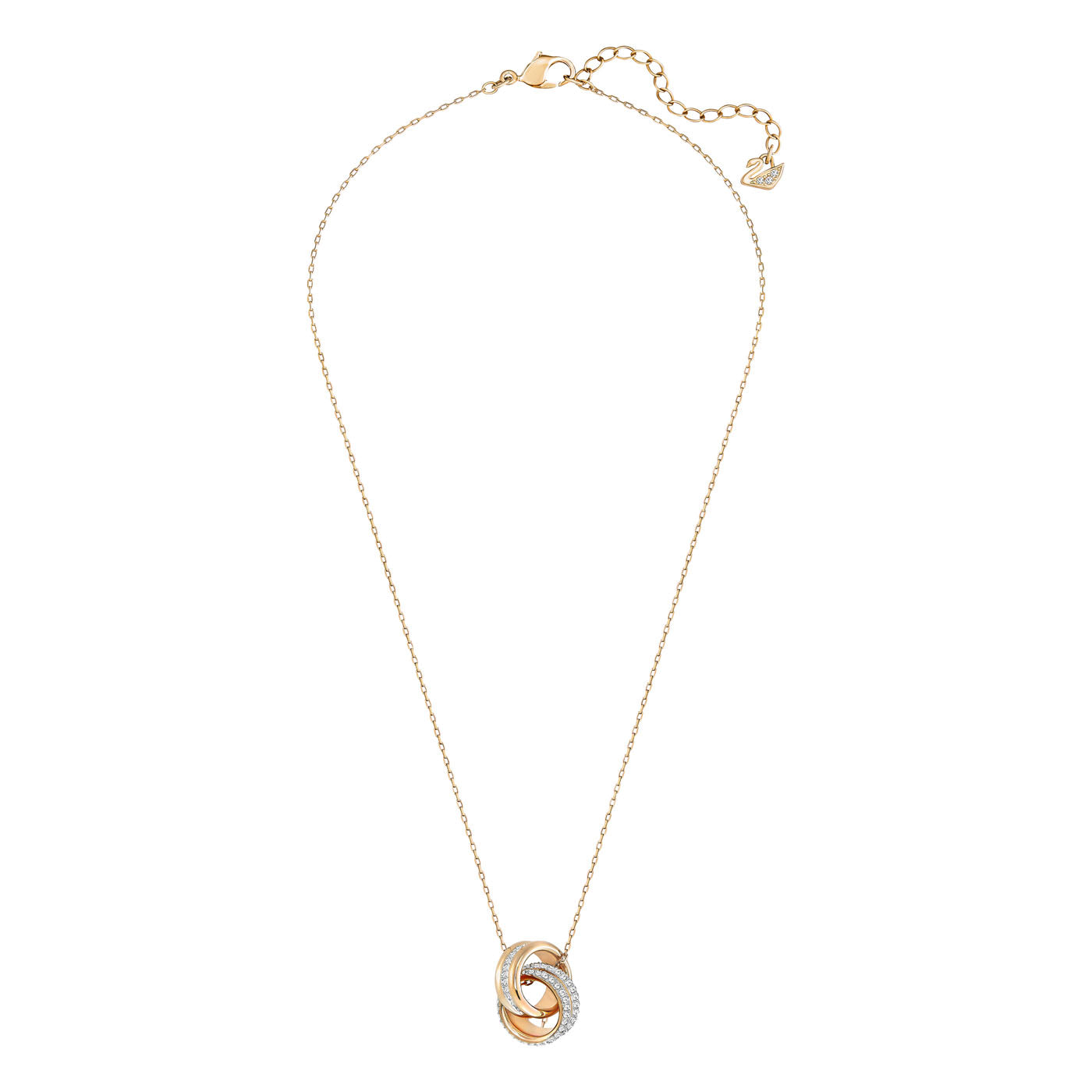 Introducing the Swarovski Rose Gold Further Necklace Pendant by Swarovski, an exquisite piece that features an elegant design with a delicate chain and interlocking ring pendants, some adorned with crystal pavé. The necklace is beautifully crafted with rose gold plating and includes an adjustable clasp for optimal wearability.