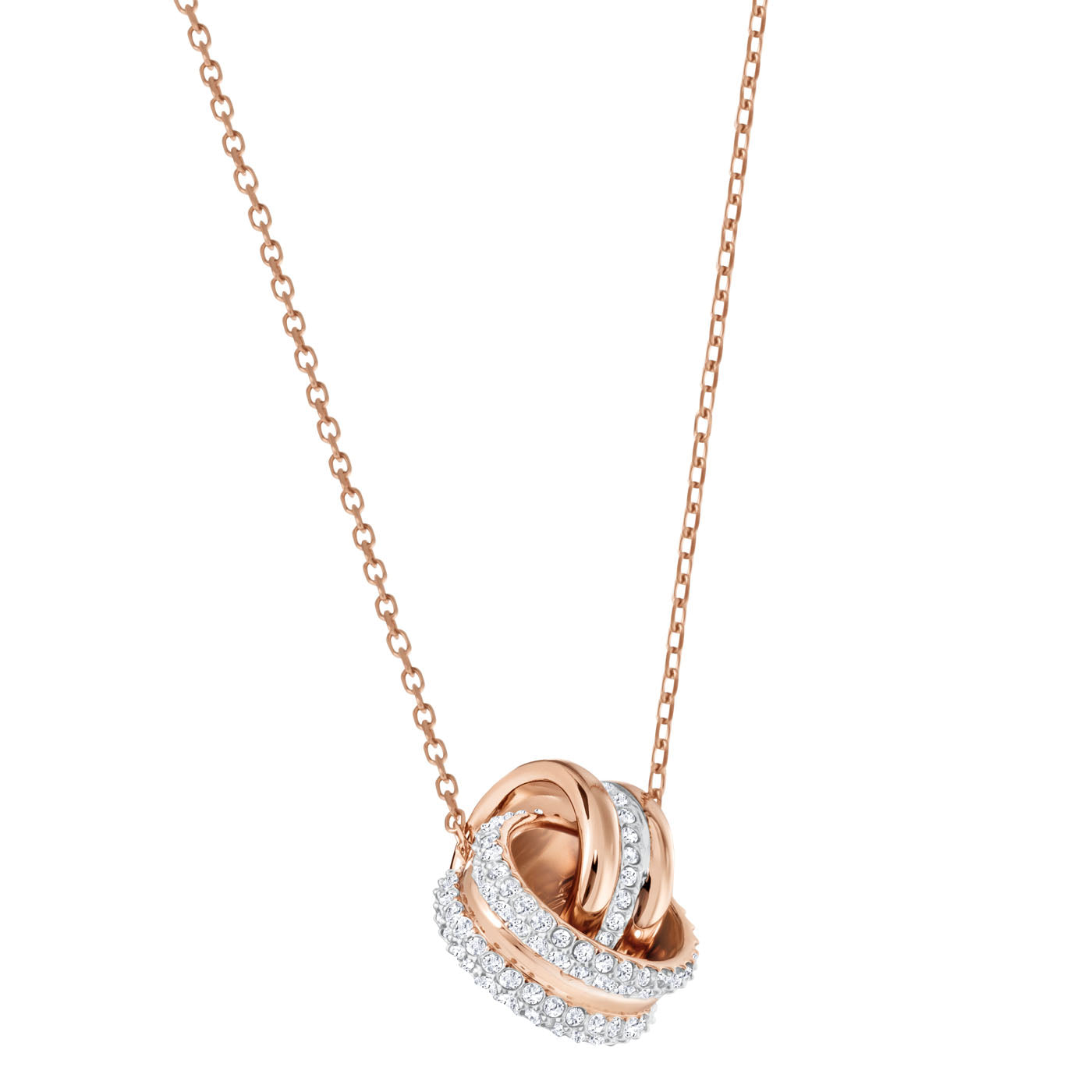 The Swarovski Rose Gold Further Necklace Pendant by Swarovski showcases an elegant design with a rose gold chain and a pendant of interlocking rings. These rings blend polished rose gold plating with a row of small, sparkling diamonds, embodying the sophistication of crystal pavé.