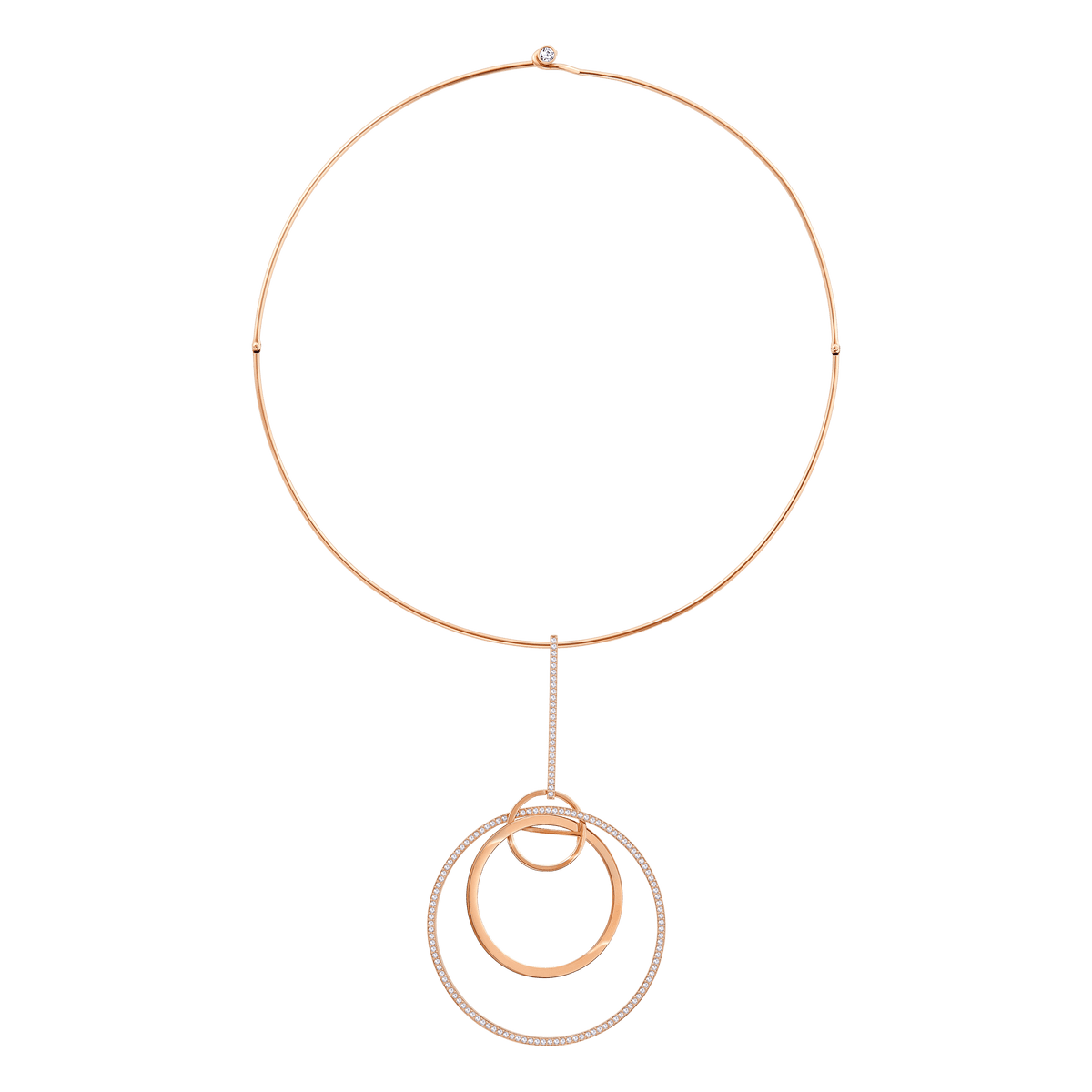 A delicate Swarovski necklace from the renowned brand features a thin gold wire chain adorned with a pendant of three interlocking circles—two in polished gold and one encrusted with sparkling crystals—creating a timeless piece that embodies elegance.