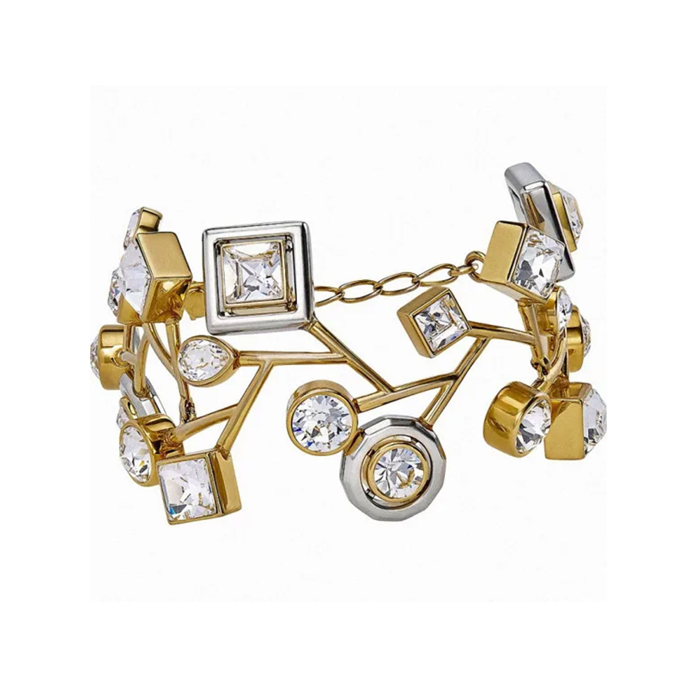 The Swarovski Atelier Bracelet by Swarovski is a gold bracelet with an intricate geometric design, showcasing square and circular settings adorned with sparkling clear gemstones. It also features a delicate chain for added detail.