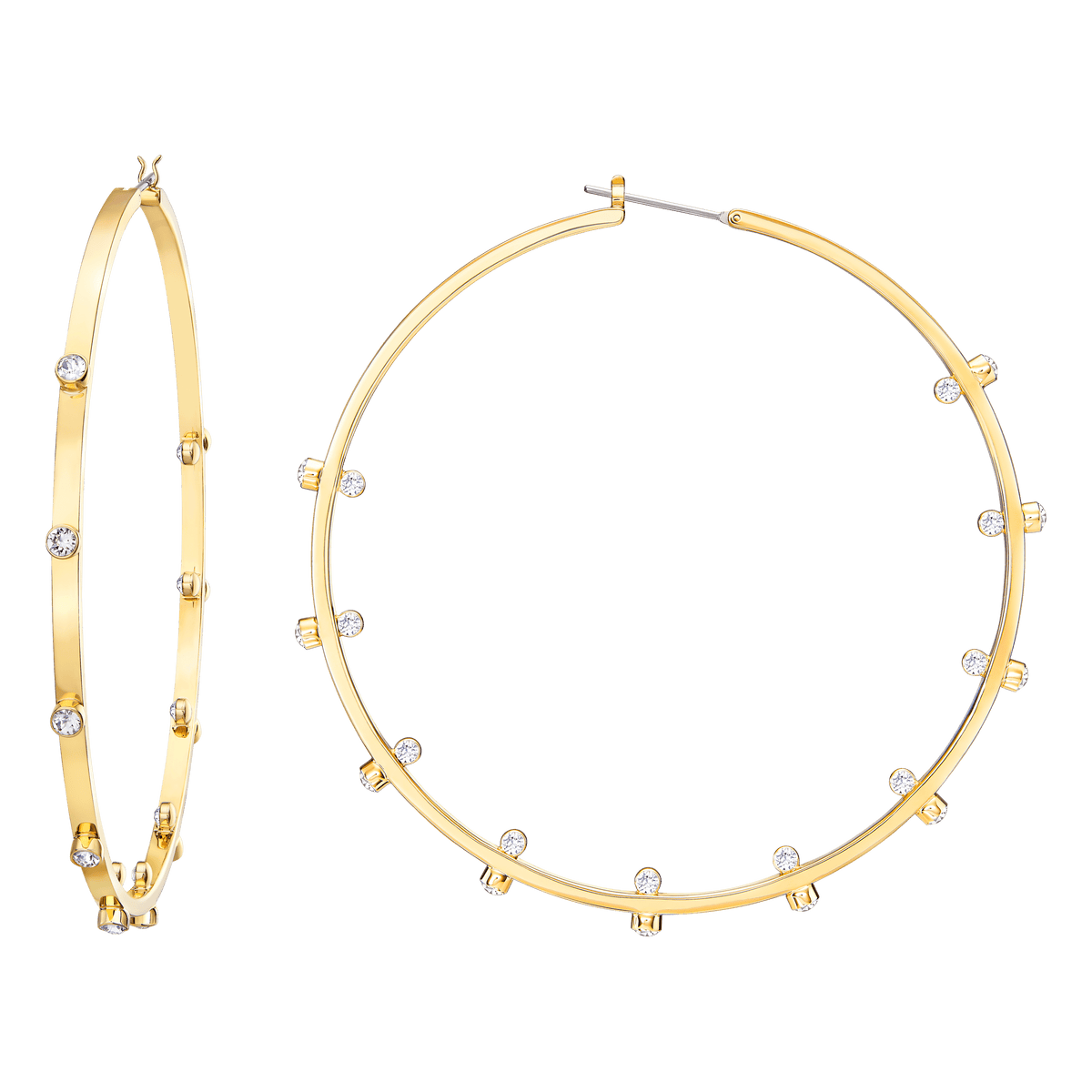 A pair of large, thin gold Swarovski Genna Hoop Earrings, each featuring evenly spaced small clear gemstones around the hoops, is shown from a front and side angle on a plain white background—a radiant accessory available from Swarovski.