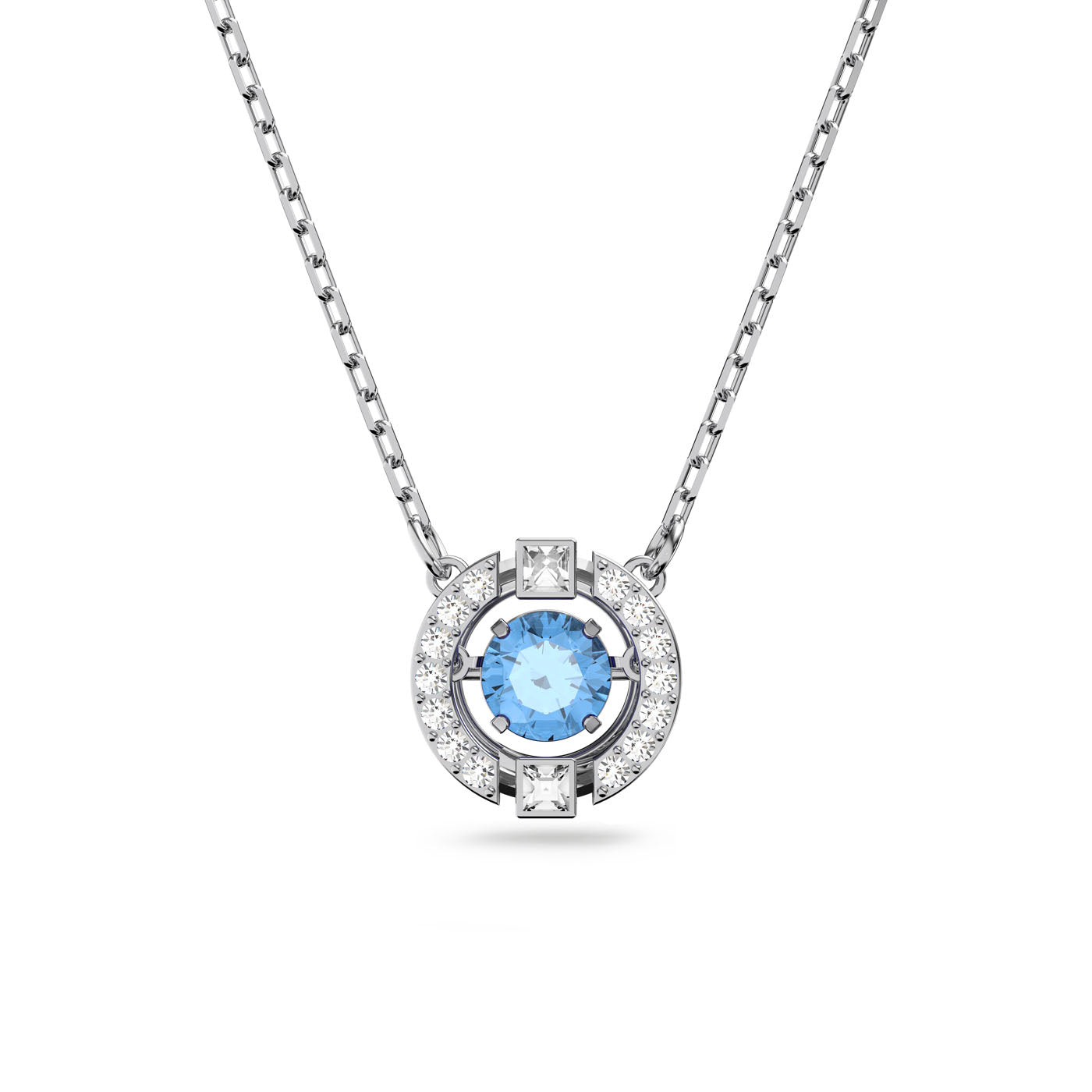 The Swarovski Sparkling Dance Necklace, featuring a captivating blue gemstone pendant encircled by shimmering crystals, exudes timeless beauty.