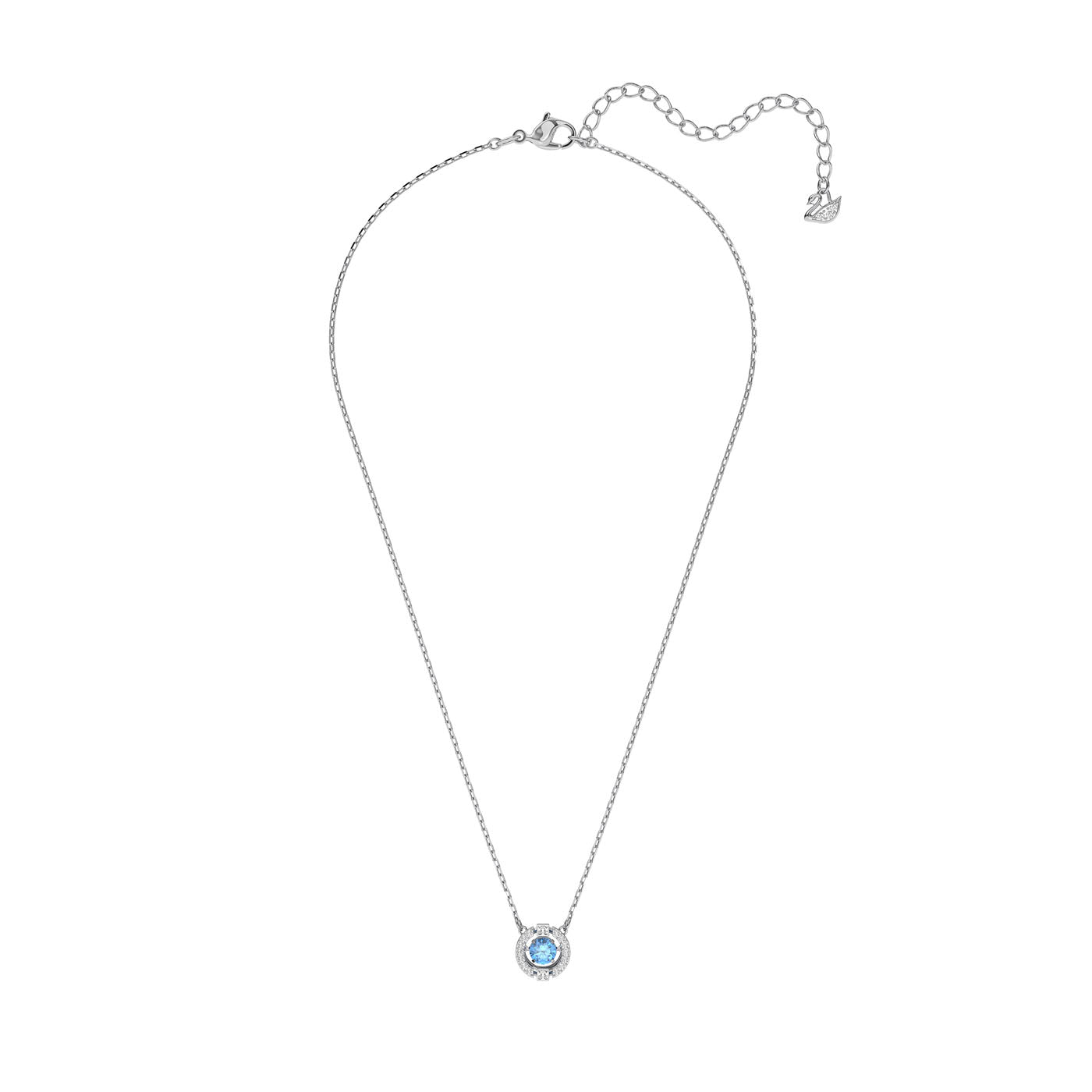The Swarovski Sparkling Dance Necklace by Swarovski is a delicate silver piece featuring a round blue gemstone pendant that evokes the elegance of a dancing crystal. The chain comes with an adjustable extension adorned with a small charm at the end.