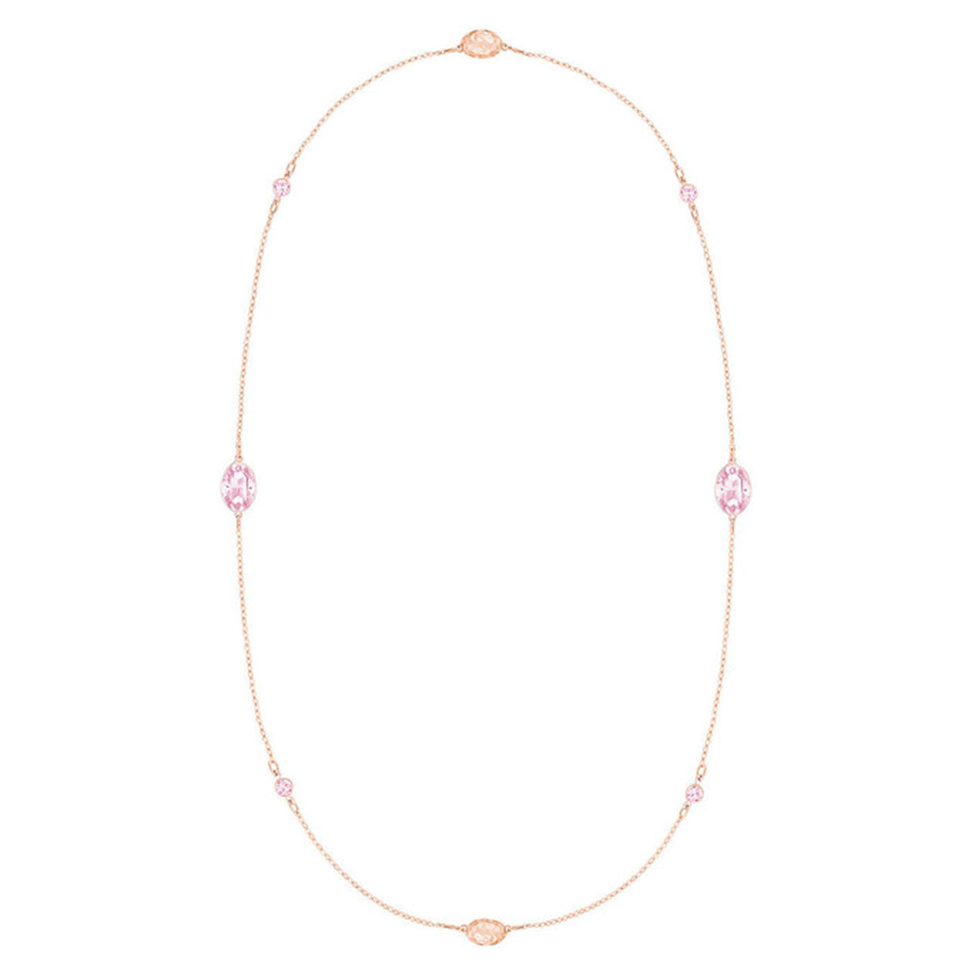 A simple and elegant chain necklace, the Swarovski Grass Strandage Necklace is plated in delicate rose gold and features small pink crystals evenly spaced along its length. Its design includes oval and round settings, evoking the classic style of a Swarovski piece.