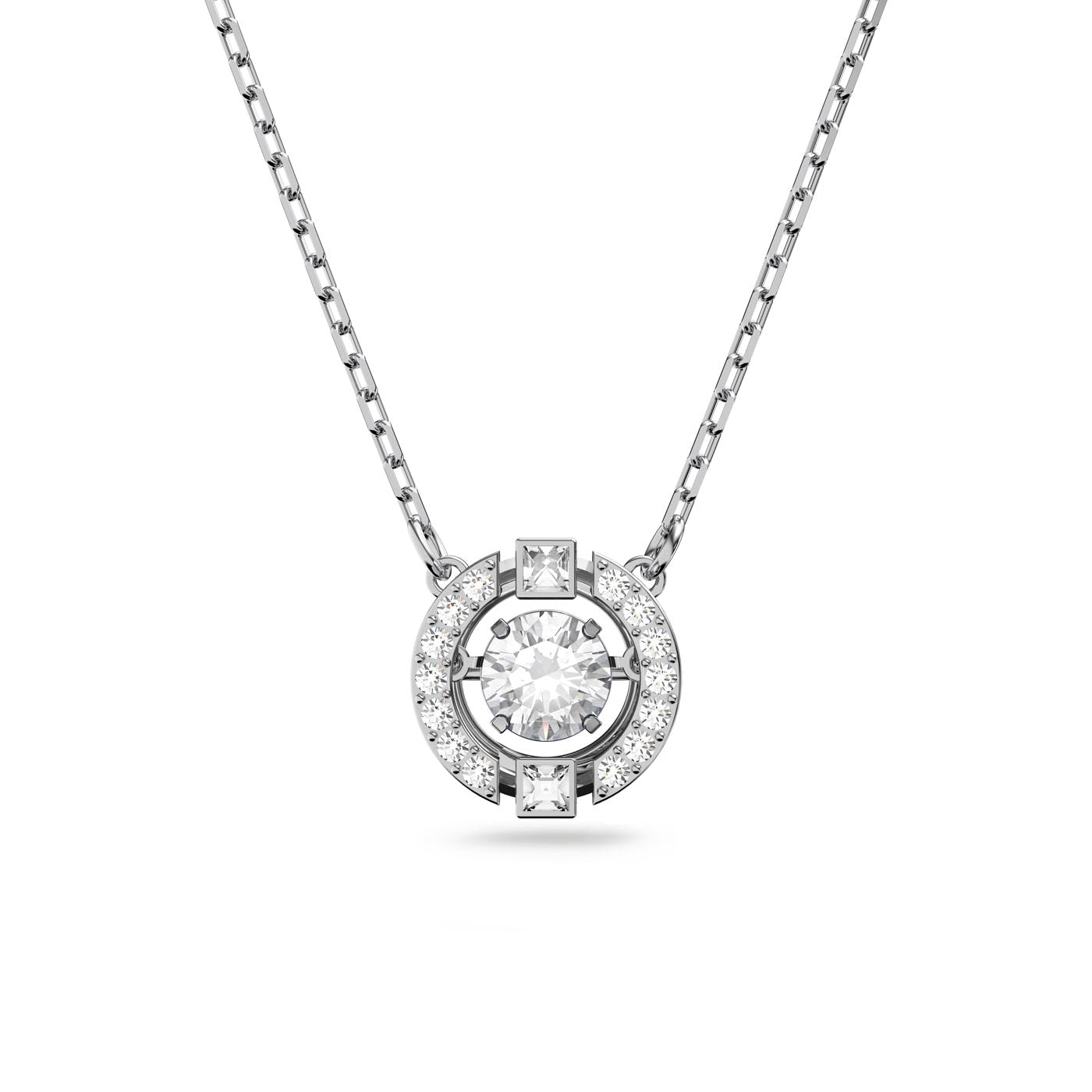 The Swarovski Sparkling Dance Necklace, crafted by Swarovski, is an exquisite rhodium-plated piece featuring a round pendant adorned with a large central dancing crystal encircled by stunning crystal pavé. The pendant hangs symmetrically on a delicate chain, offering an elegant touch to any outfit.