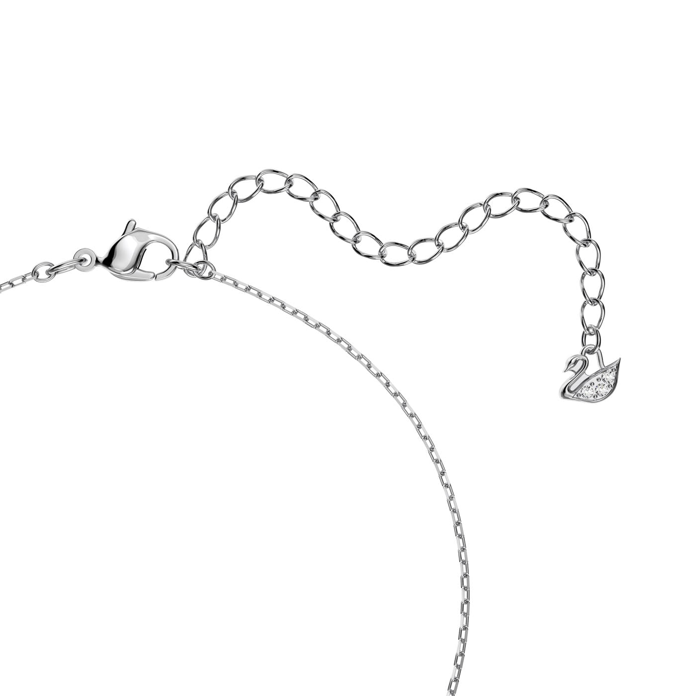 Presenting the Swarovski Sparkling Dance Necklace by Swarovski: This exquisite piece features a rhodium-plated silver chain with an attached charm showcasing a swan design. The necklace includes a looped extension for adjustable sizing, and the swan charm is embellished with small clear gemstones to enhance its elegant appeal.