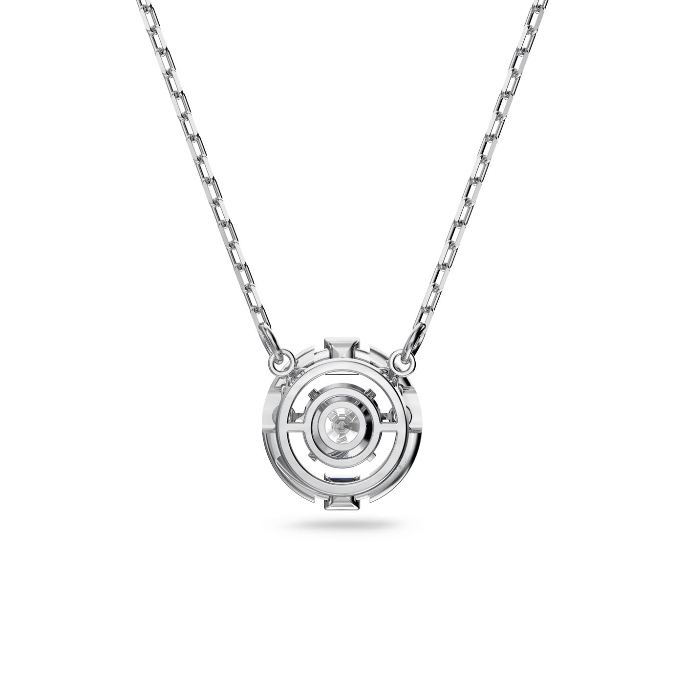 The Swarovski Sparkling Dance Necklace, crafted by Swarovski, showcases a rhodium-plated circular pendant with a geometric design and a small central dancing crystal. The delicate chain perfectly complements the modern and elegant style of the pendant's shimmering crystal pavé.
