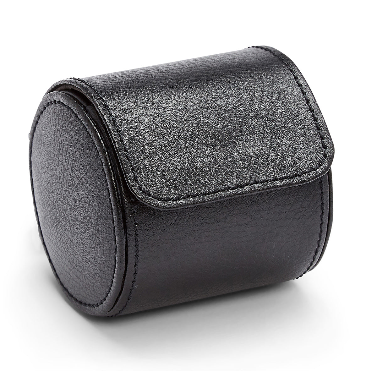 The WOLF 1834 Blake Single Watch Roll is a black leather cylindrical watch case designed with a textured surface and stitched seams. It features a flap closure and is crafted from top grain leathers, ensuring the secure holding and protection of your wristwatch. Displayed elegantly on a white background, it exemplifies the sophistication typical of the WOLF brand.