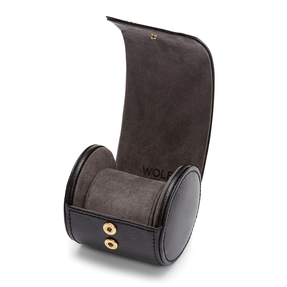 The WOLF 1834 Blake Single Watch Roll, a handcrafted accessory in black and gray leather with a cylindrical design, is displayed open. Its soft gray interior highlights the brand name "WOLF" and includes two metal buttons for secure closure. This elegant watch roll merges luxury with practicality, made from premium top grain leathers.