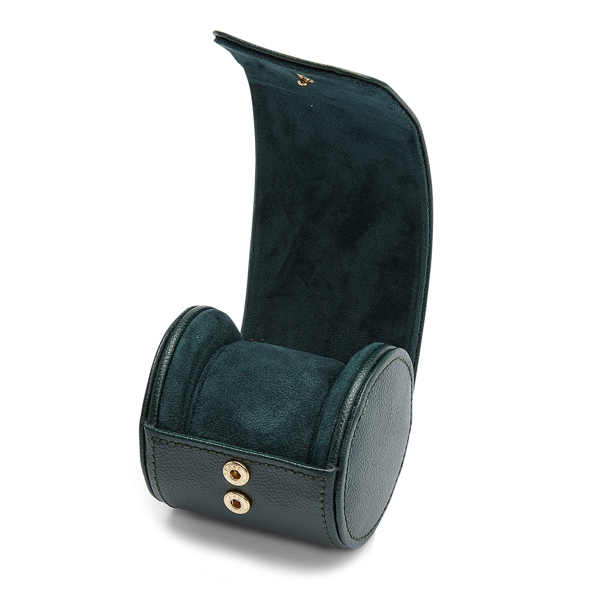 The WOLF 1834 British Racing Green Single Watch Roll is a green leather watch case with a cylindrical shape, partially open to reveal a plush interior. This handmade piece features two brass button clasps on the front for secure closure, embodying the classic style of British Racing. It's the perfect solution for protecting a single watch.