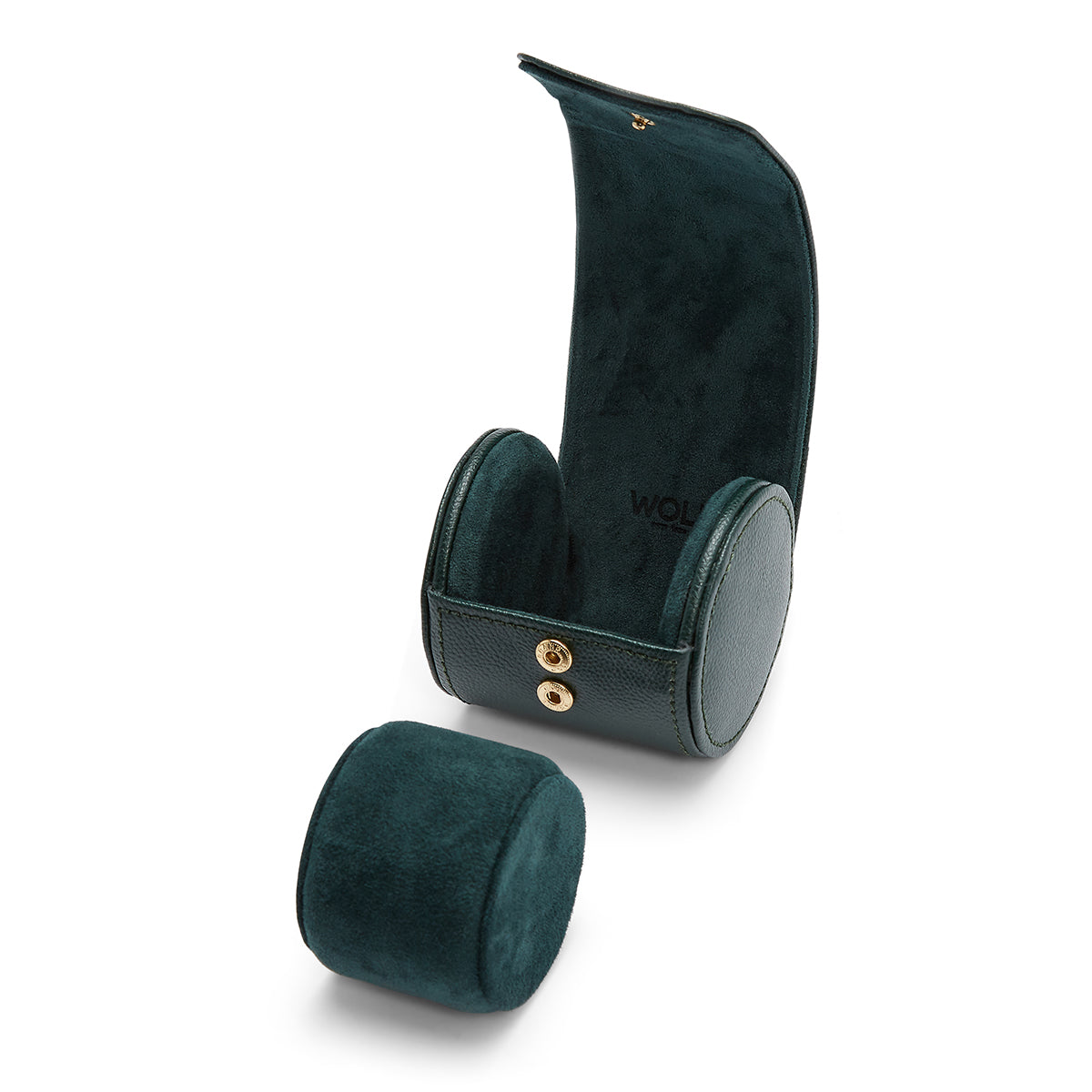The WOLF 1834 British Racing Green Single Watch Roll, with its cylindrical form, is opened to display its interior. The textured outer surface is enhanced by gold snap buttons for closure. Next to it lies a removable cushioned insert, all set against a white backdrop, capturing the essence of British Racing charm.