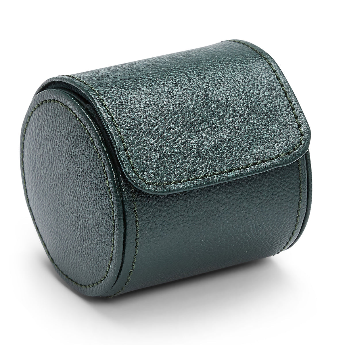 Introducing the WOLF 1834 British Racing Green Single Watch Roll by WOLF: A meticulously handmade leather cylindrical case in a rich dark green hue, featuring a rounded lid and visible stitching. Its textured grain finish exudes elegance, embodying the classic British Racing style. Ideal for those who value exquisite craftsmanship, this roll makes for the perfect single watch holder.