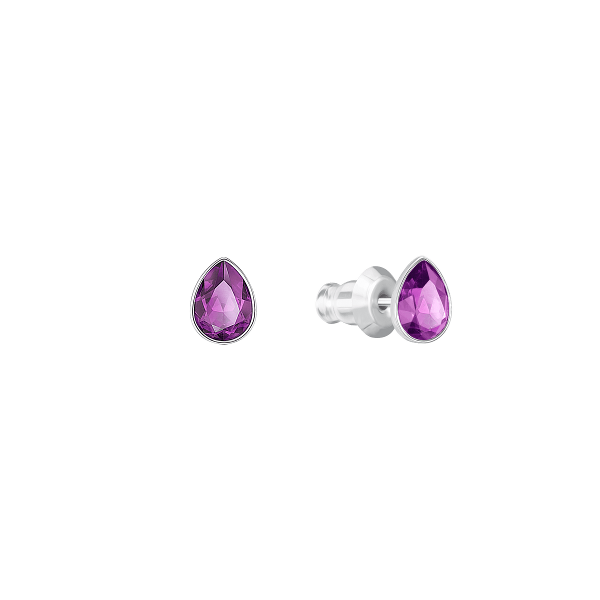 A pair of Swarovski Hearty Long Earrings DMUL/PDS, featuring pear-shaped purple gemstones set in silver, is displayed on a plain white background—an elegant accessory that embodies the sophistication of Swarovski and the sparkling allure associated with Swarovski Canada.