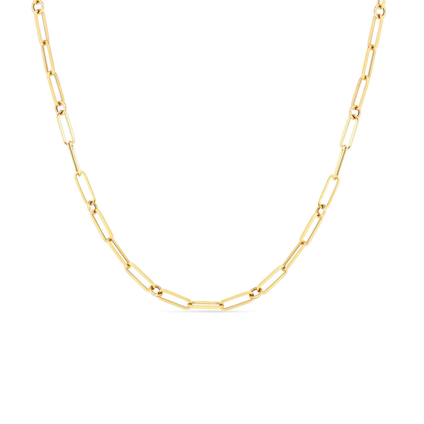 Set against a white backdrop, the Roberto Coin Designer 18K Yellow Gold Paper Clip and Round Link Chain Necklace features elongated, interlocking paperclip links. Its simple yet elegant design embodies Roberto Coin's signature style.