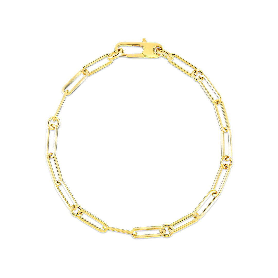 The Roberto Coin Designer Gold 18K Yellow Gold Paperclip & Round Link Bracelet features 7" elongated paperclip links (10mm x 1mm) with a rectangular clasp, shown on a white background.