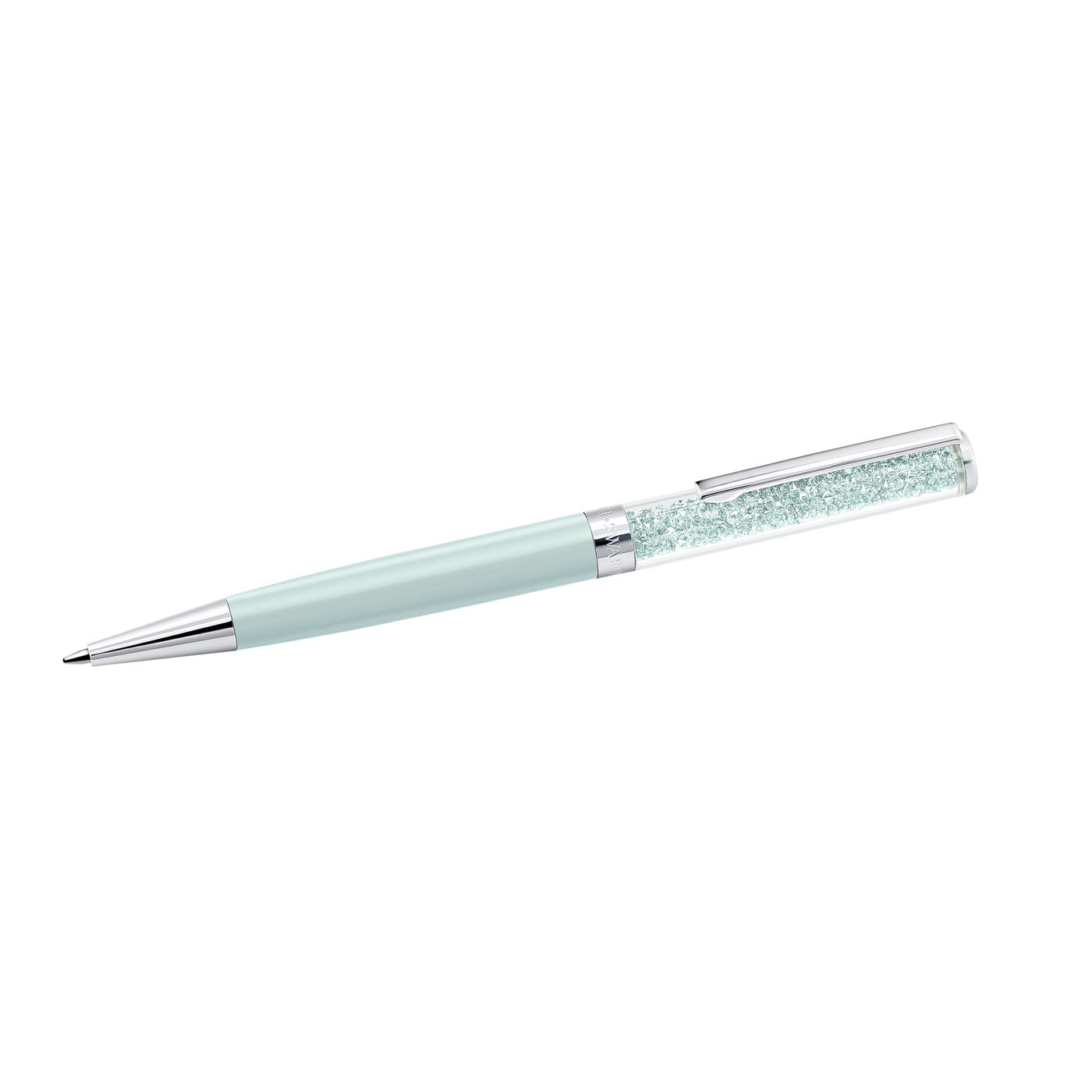 The Swarovski Green Crystalline Ballpoint Pen, produced by the renowned brand Swarovski, features a sleek mint green design with a silver clip and a transparent section filled with light green crystals. It is elegantly displayed diagonally against a white background.
