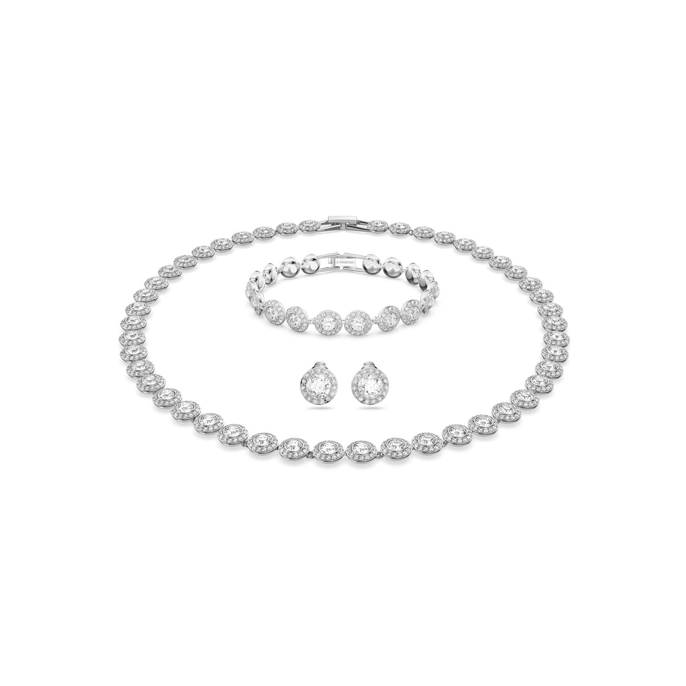 The Swarovski Angelic Jewellery Set is a stunning bridal accessory collection that includes a diamond necklace, a matching bracelet, and teardrop earrings. Each piece showcases round-cut stones in a symmetrical design, beautifully enhanced by rhodium plating on a pristine white background.