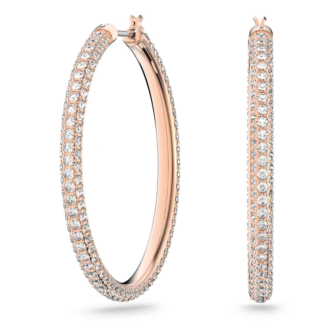 Introducing the Swarovski Rose Gold Stone Hoop Earrings by Swarovski, featuring an elegant design with rose gold plating and encrusted with shimmering Swarovski stones. One earring is displayed facing forward, while the other is turned to the side.