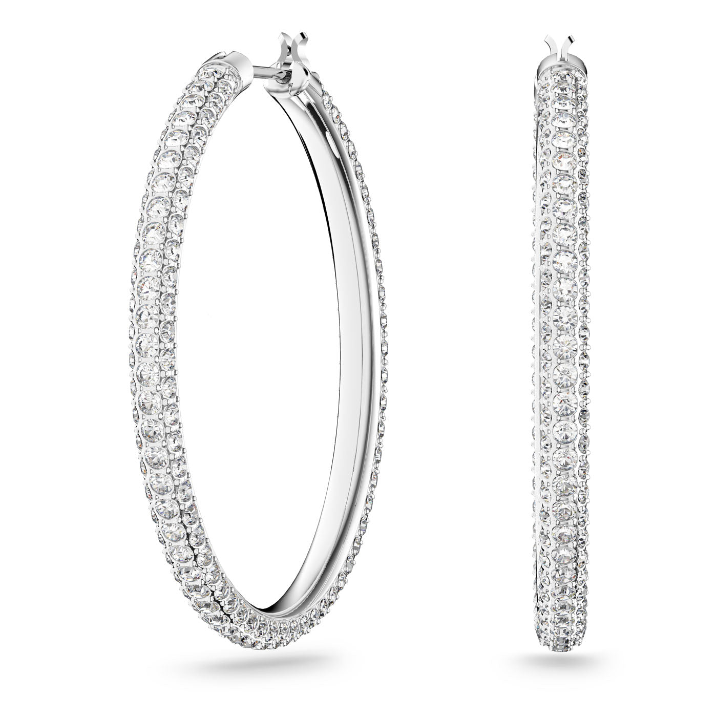 The image displays a pair of Swarovski Pave Stone Hoop Earrings by Swarovski, showcasing a rhodium-plated design enhanced with Swarovski sparkle. One earring is viewed from the front, while the other reveals its side profile adorned with small sparkling diamonds against a white background.