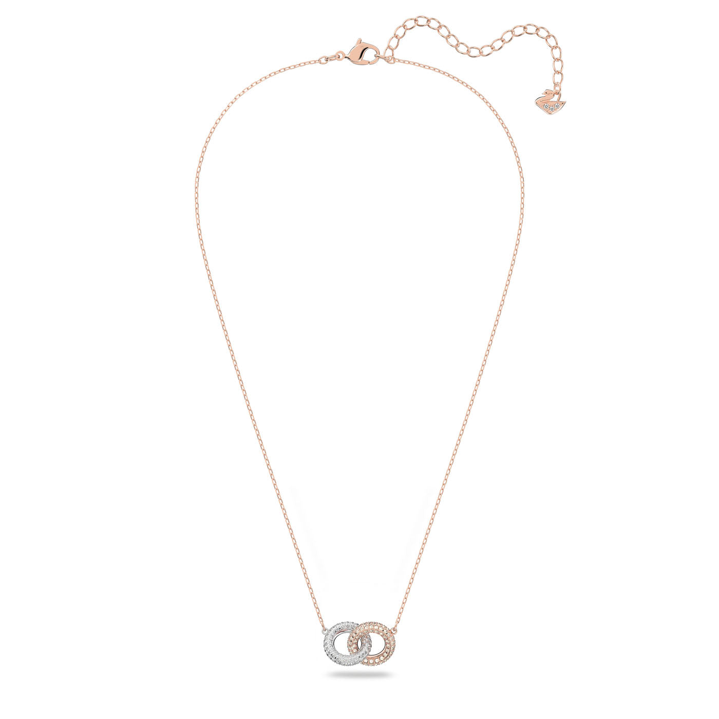 The Swarovski Intertwined Circles Necklace by Swarovski is a rose gold-plated piece with a small interlocking pendant adorned with pavé crystals, featuring a fine chain and adjustable clasp, making it ideal for bohemian layering.