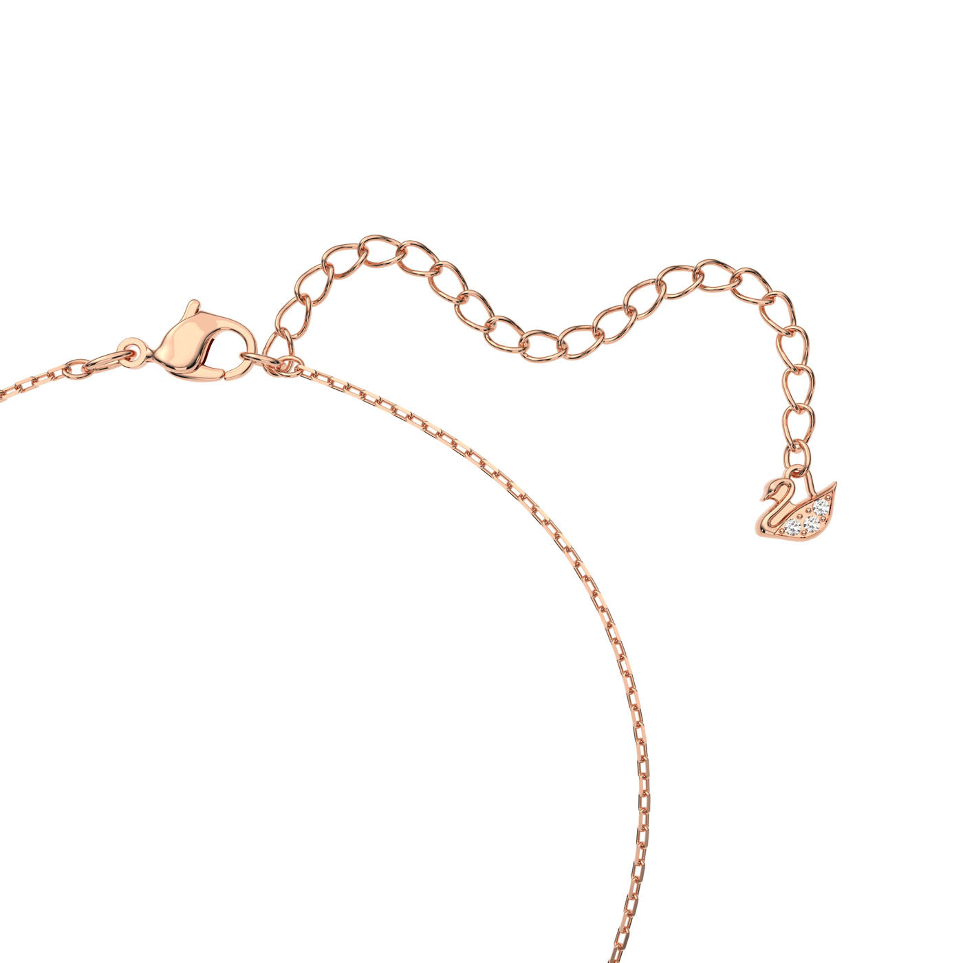 The Swarovski Intertwined Circles Necklace, by the renowned brand Swarovski, features a delicate rose gold-plated chain adorned with swan-shaped charms sparkling with crystals. The elegant design is enhanced by a clasp and adjustable chain link and is beautifully showcased against a plain white background.