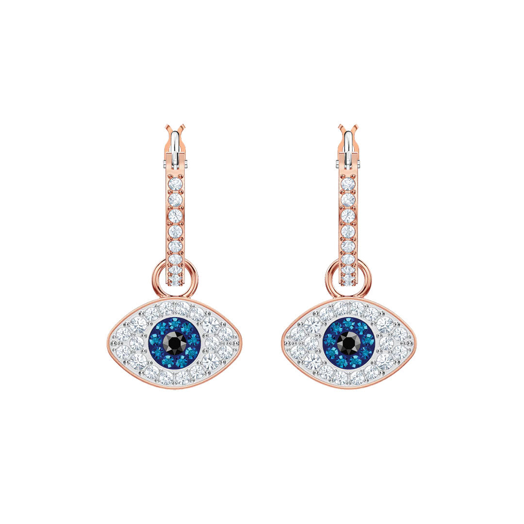 The Swarovski Evil Eye Hoop Earrings from Swarovski are elegantly crafted in rose gold, showcasing a captivating evil eye design. They are adorned with an array of white, blue, and black gemstones. Each eye-shaped earring highlights a circular blue gemstone at its center, encircled by radiant stones, and is finished with hooks embellished with additional gemstones for an enchanting appearance.