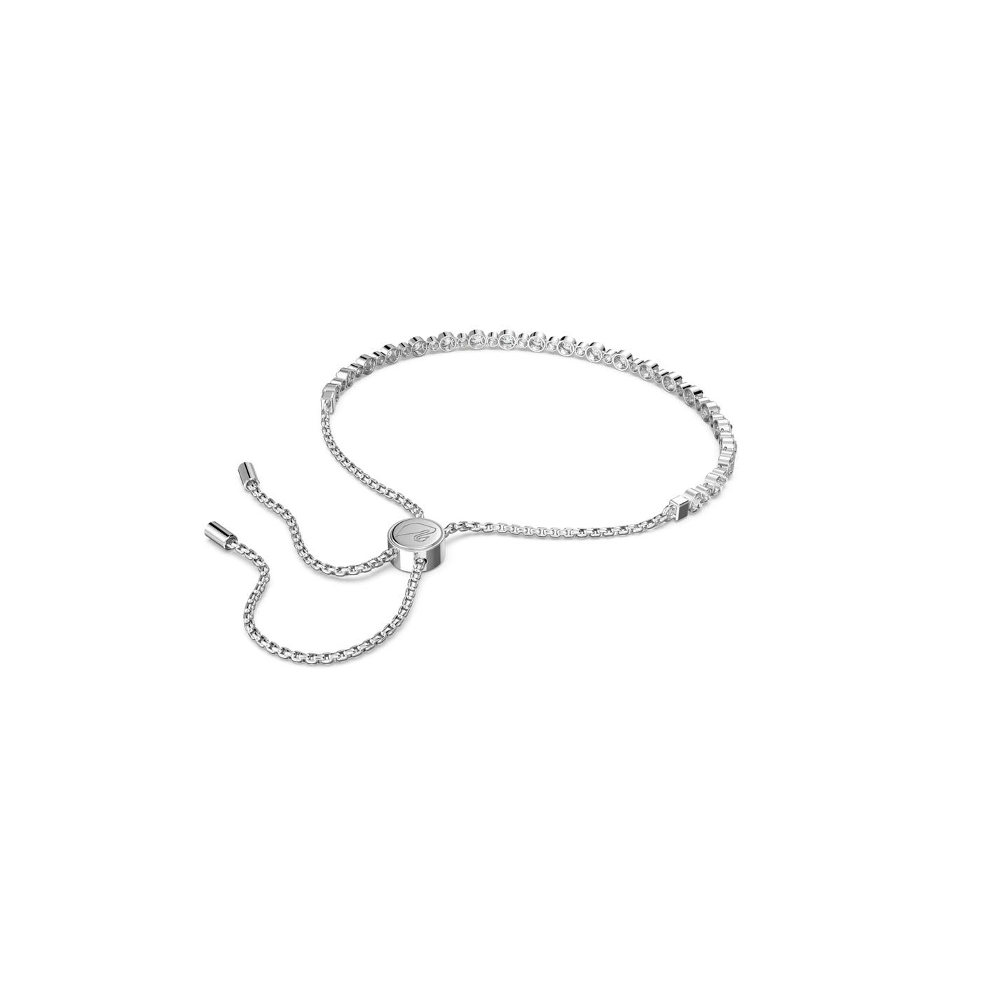 Introducing the Swarovski Subtle Round Cut Trilogy Bracelet from Swarovski, a silver cupchain bracelet featuring an adjustable sliding closure and a delicate chain design adorned with small white stones along its length. The bracelet is elegantly finished with small metal tips at its ends.