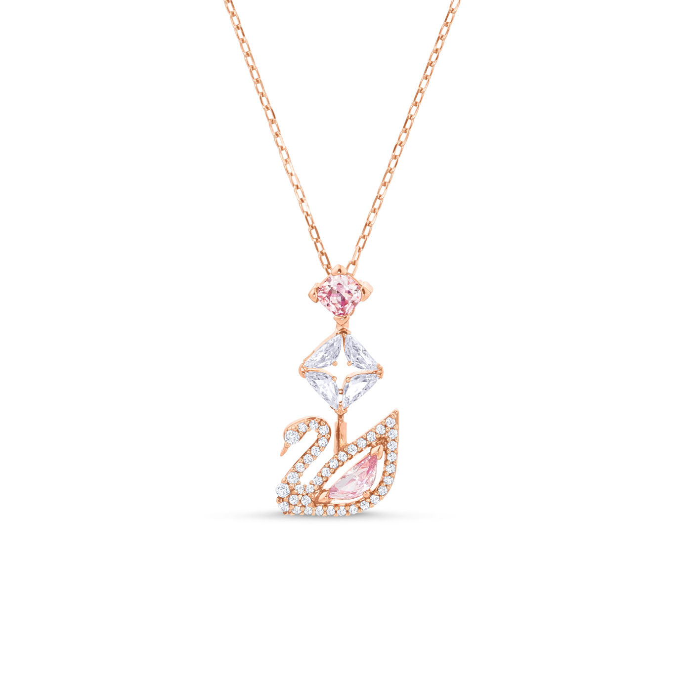 The Swarovski Pink Dazzling Swan Y Necklace Pendant by Swarovski showcases a delicate rose gold chain featuring an elegant swan motif pendant, lavishly encrusted with white and millennial pink crystals. The swan's body is adorned with sparkling stones, epitomizing an elegant and luxurious design.