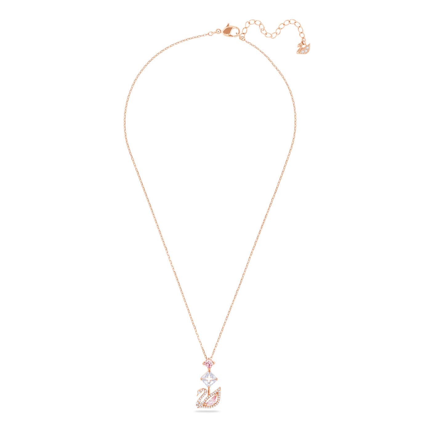 Introducing the Swarovski Pink Dazzling Swan Y Necklace Pendant: a delicate rose gold chain with a swan motif, adorned with small millennial pink crystals. This necklace by Swarovski highlights an adjustable clasp for versatile length options and features intricate detailing in its swan design, blending clear and pink stones beautifully.