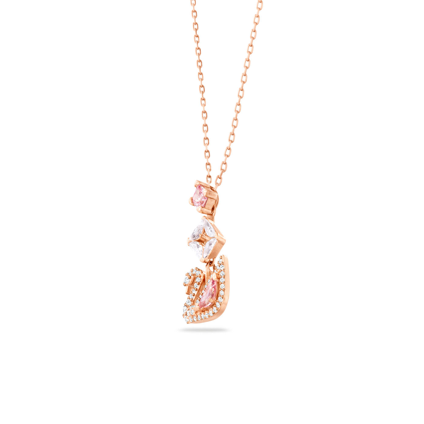 Presenting the Swarovski Pink Dazzling Swan Y Necklace Pendant: a delicate rose gold necklace featuring a pendant with a millennial pink crystal and clear gemstone in a graceful curved design, adorned with small diamonds. The thin, elegant chain adds to its timeless appeal.