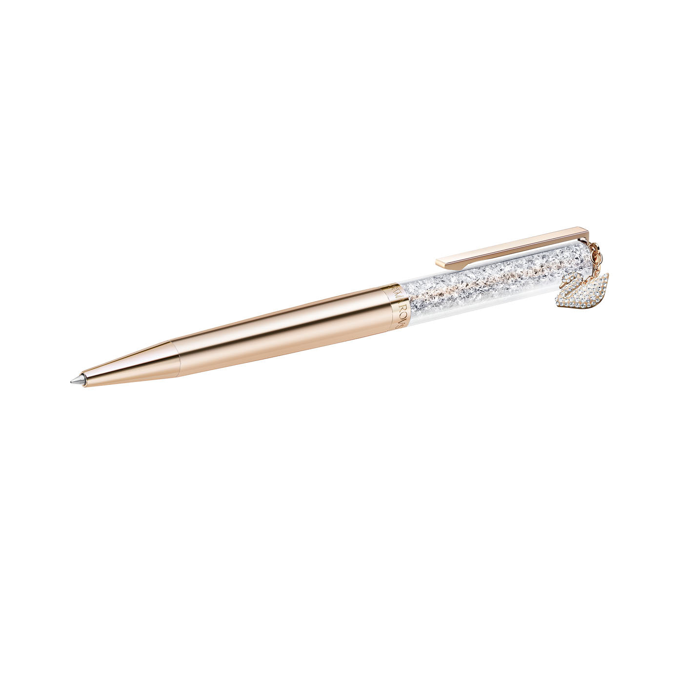 The Swarovski Rose Gold Crystalline Swan Ballpoint Pen is a luxurious writing instrument featuring a gold barrel, a clear section filled with Swarovski crystals for added sparkle, and is accented with a decorative swan charm hanging from the clip.