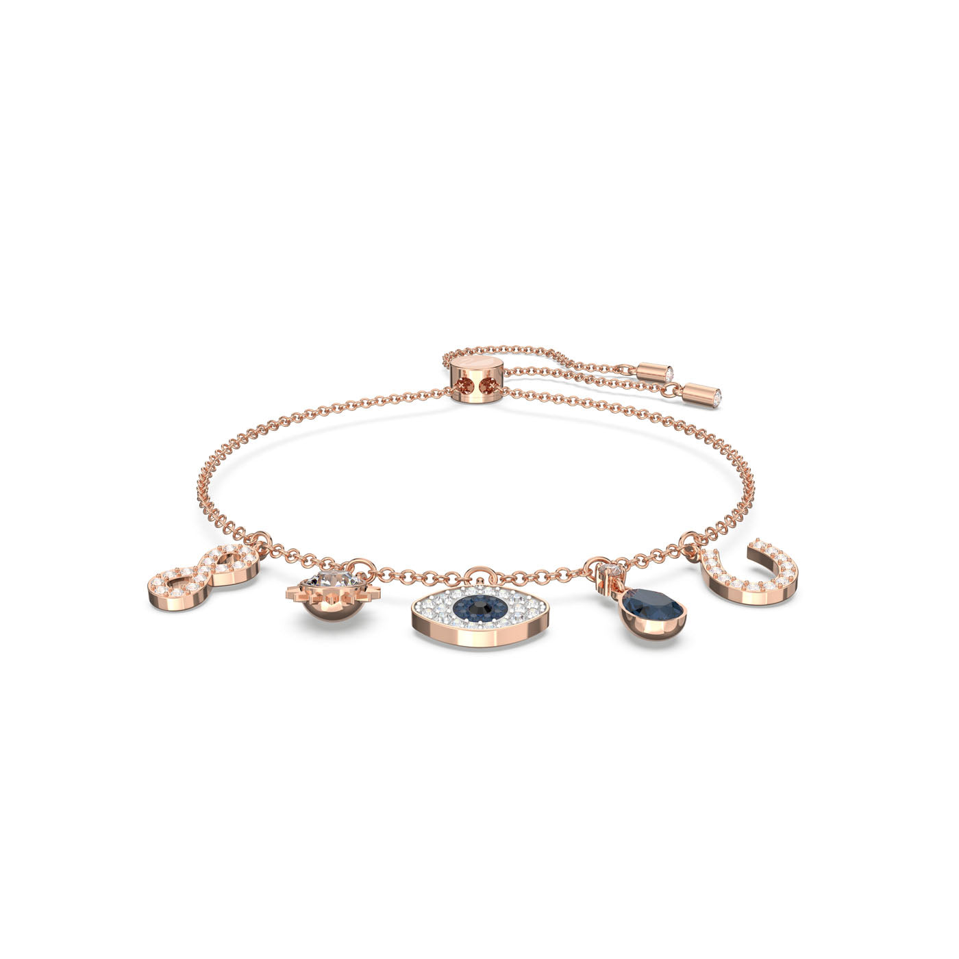 The Swarovski Infinity, Evil Eye and Horse Charm Bracelet by Swarovski is a sophisticated rose-gold tone accessory with an adjustable chain, showcasing five distinct charms: a heart, a star, a blue-centered circle, a teardrop, and a horseshoe. Each charm is elegantly embellished with sparkling crystals that enhance your style while offering protective symbolism.