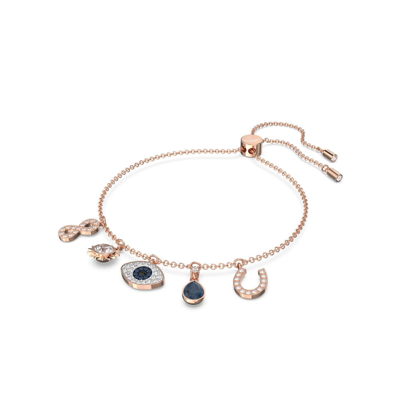 The Swarovski Infinity, Evil Eye and Horse Charm Bracelet from Swarovski boasts a rose-gold tone with five stunning charms: an infinity symbol, a heart, an eye, a teardrop, and a horseshoe. Each charm is adorned with sparkling stones that convey protective significance. The bracelet is finished with an adjustable clasp to ensure the perfect fit.