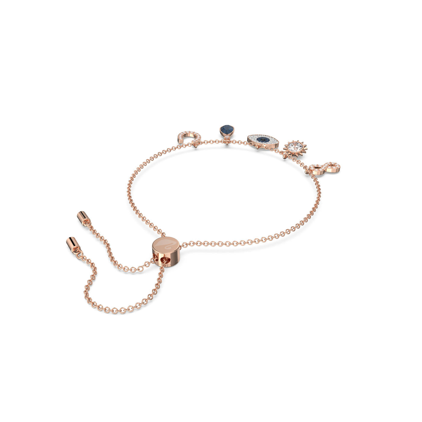Introducing the Swarovski Infinity, Evil Eye and Horse Charm Bracelet by Swarovski—a refined charm bracelet in a rose-gold tone with a sliding clasp. It is beautifully adorned with an array of charms including a heart, flower, and various colorful gemstones in unique shapes. The thoughtful arrangement of these elements not only enhances its aesthetic appeal but also embodies protective symbolism.
