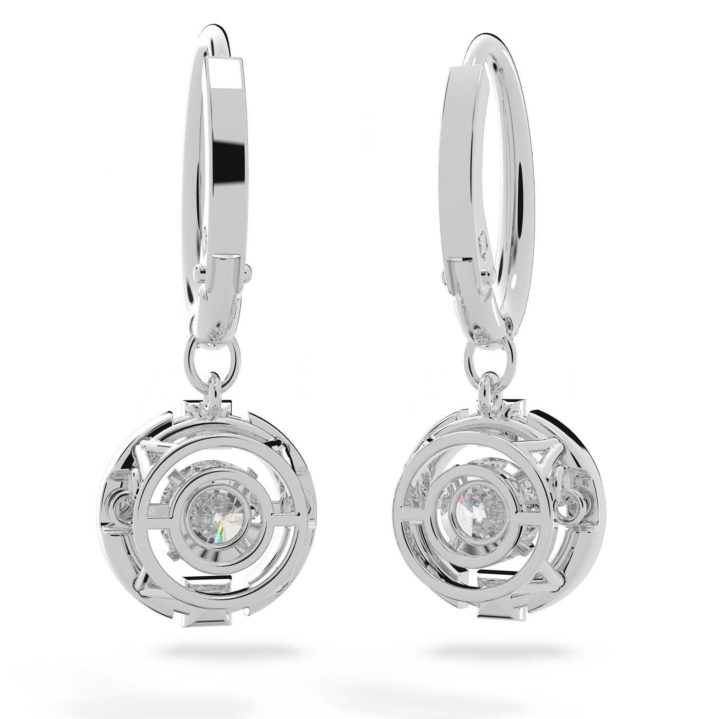 Swarovski Sparkling Dance Drop Earrings showcase intricate spherical designs with a central dancing crystal that sparkles brilliantly. The geometric detailing enhances their luxurious appearance by reflecting light, making them an elegant addition to any jewelry collection.