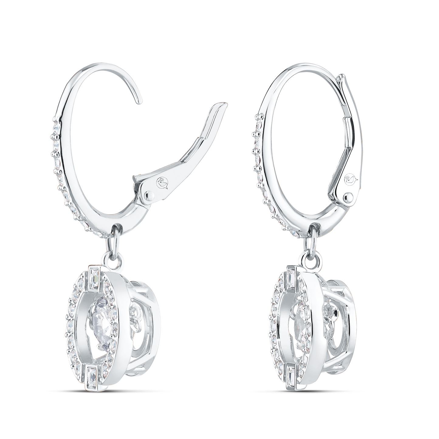 The Swarovski Sparkling Dance Drop Earrings are a stunning pair of silver hoop earrings adorned with small gemstones and featuring dangling circular charms with mesmerizing dancing crystals that create a sparkling effect. The solid black backdrop beautifully highlights this exquisite piece from Swarovski.